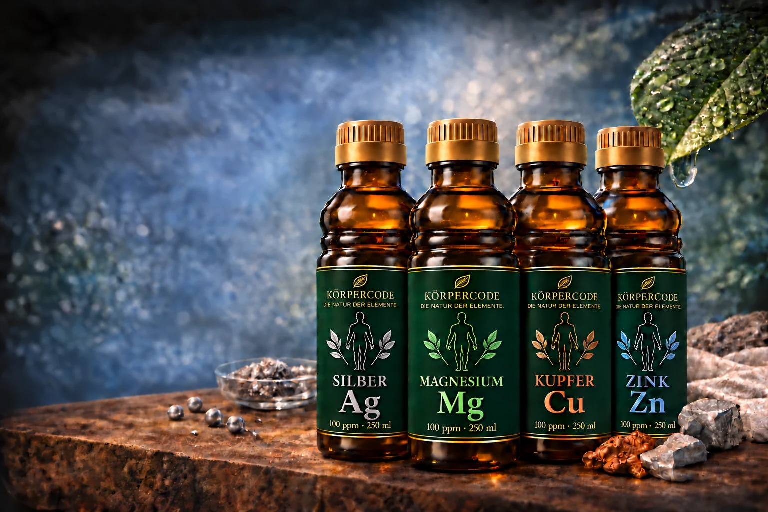 Produktvisualisierung von Körpercode: Silber, Magnesium, Kupfer und Zink.